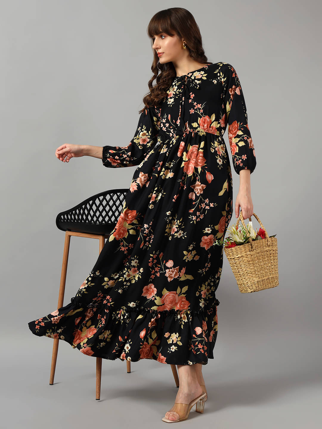     			Raiyani enterprise Women Crepe Printed Fit & Flare Dress ( Gold )