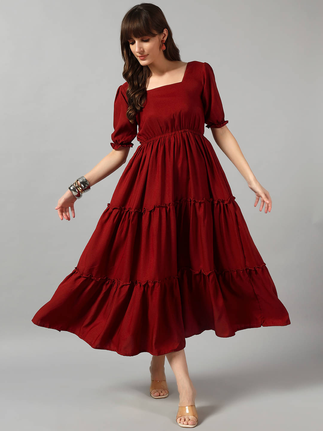     			Raiyani enterprise Women Crepe Solid Fit & Flare Dress ( Wine )