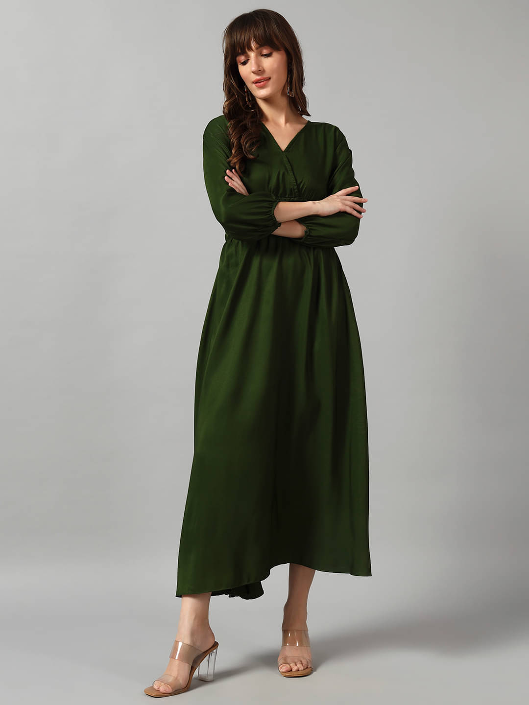     			Raiyani enterprise Women Crepe Solid Fit & Flare Dress ( Olive )