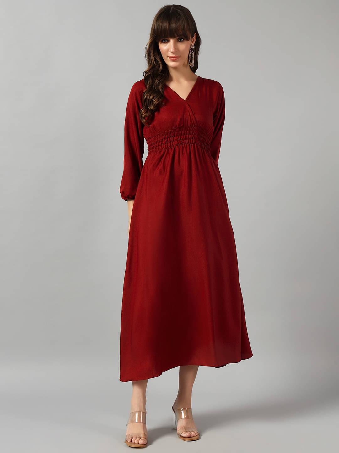     			Raiyani enterprise Women Crepe Solid Fit & Flare Dress ( Maroon )