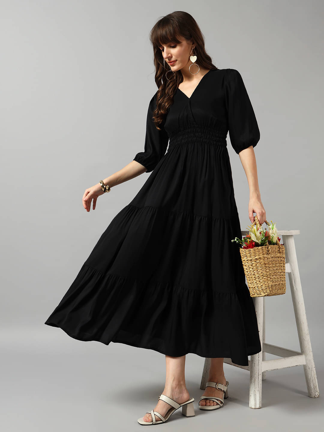     			Raiyani enterprise Women Crepe Solid Fit & Flare Dress ( Black )