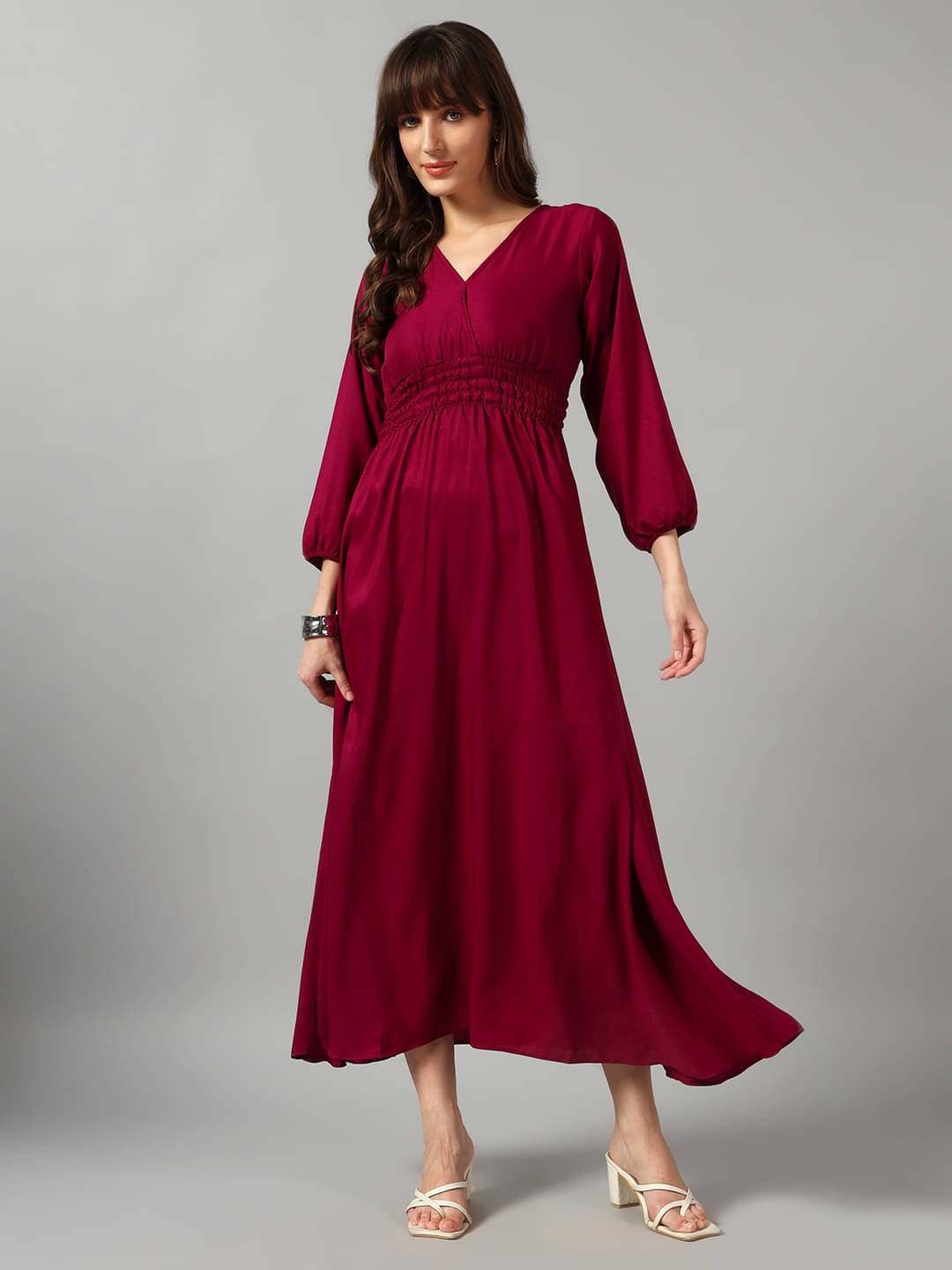 Raiyani enterprise Women Crepe Solid Fit & Flare Dress ( Wine )     			Raiyani enterprise Women Crepe Solid Fit & Flare Dress ( Wine )