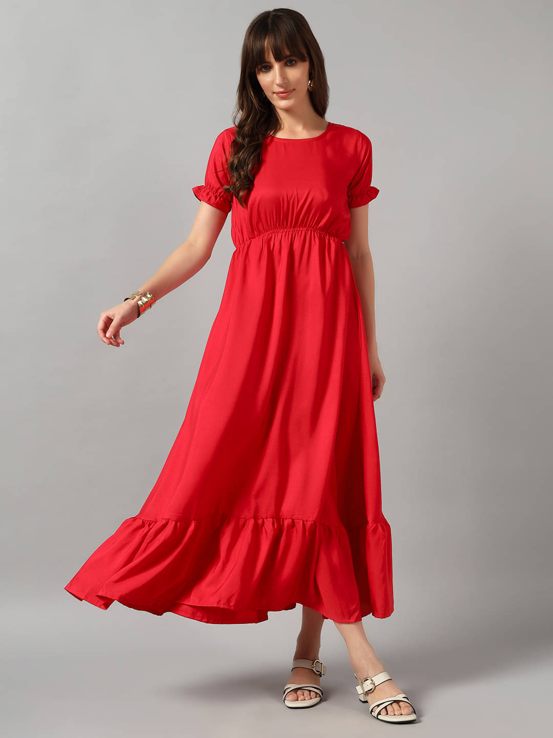     			Raiyani enterprise Women Crepe Solid Fit & Flare Dress ( Pink )