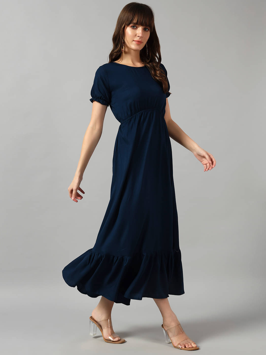     			Raiyani enterprise Women Crepe Solid Fit & Flare Dress ( Blue )