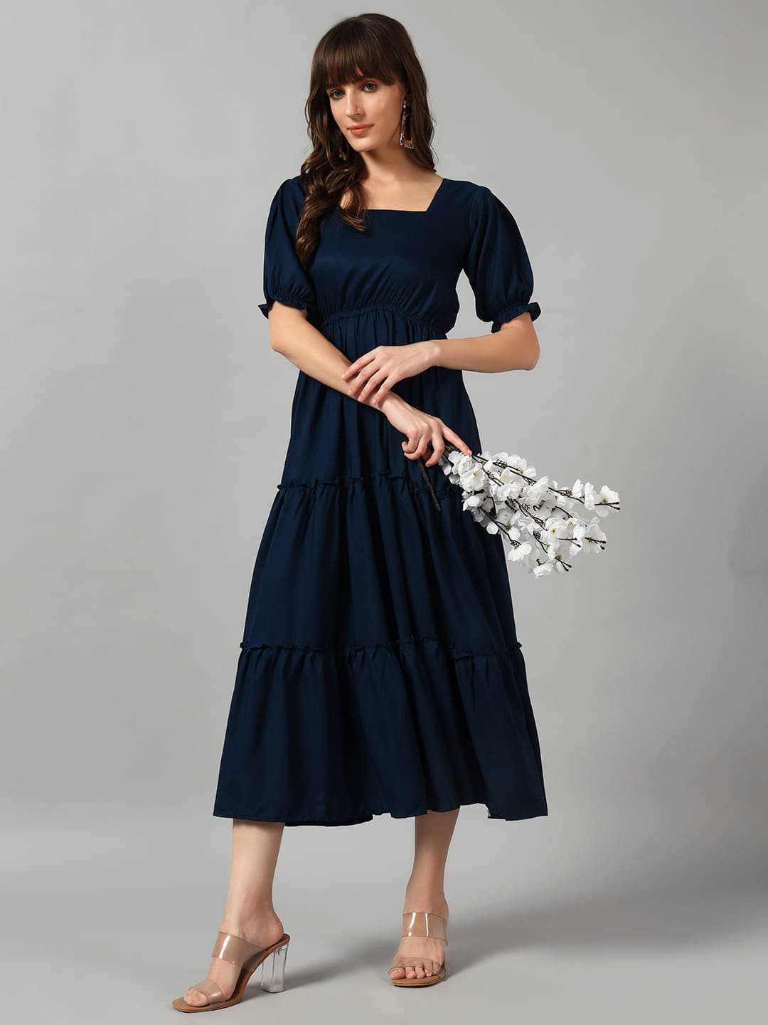     			Raiyani enterprise Women Crepe Solid Fit & Flare Dress ( Blue )