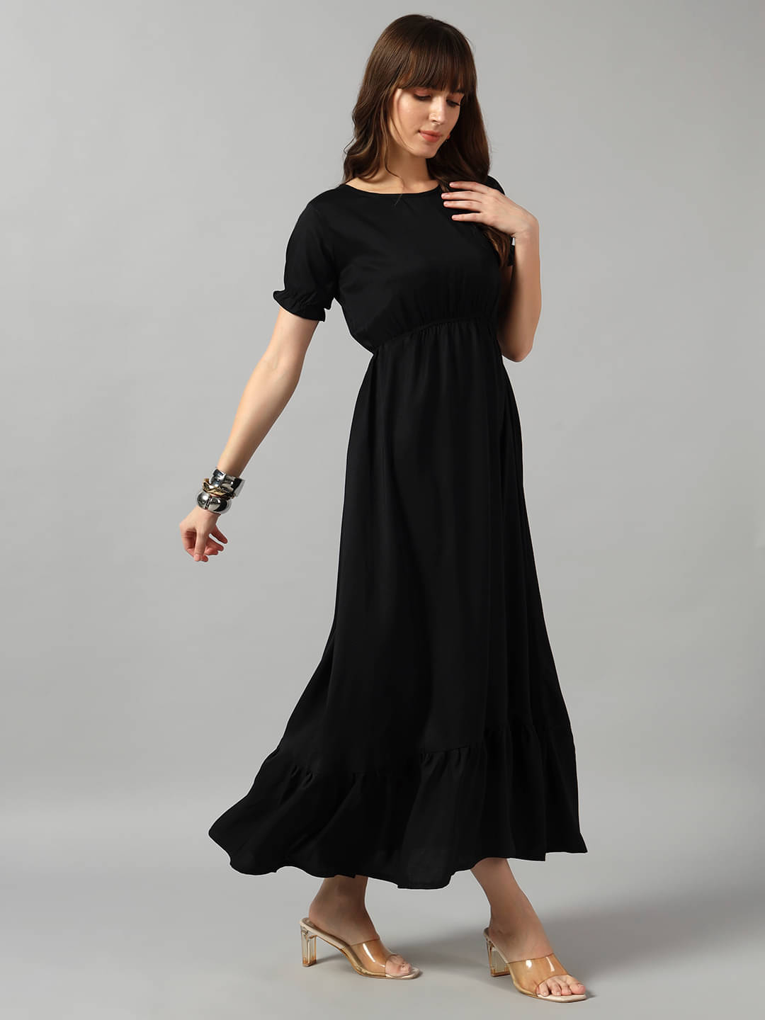    			Raiyani enterprise Women Crepe Solid Fit & Flare Dress ( Black )