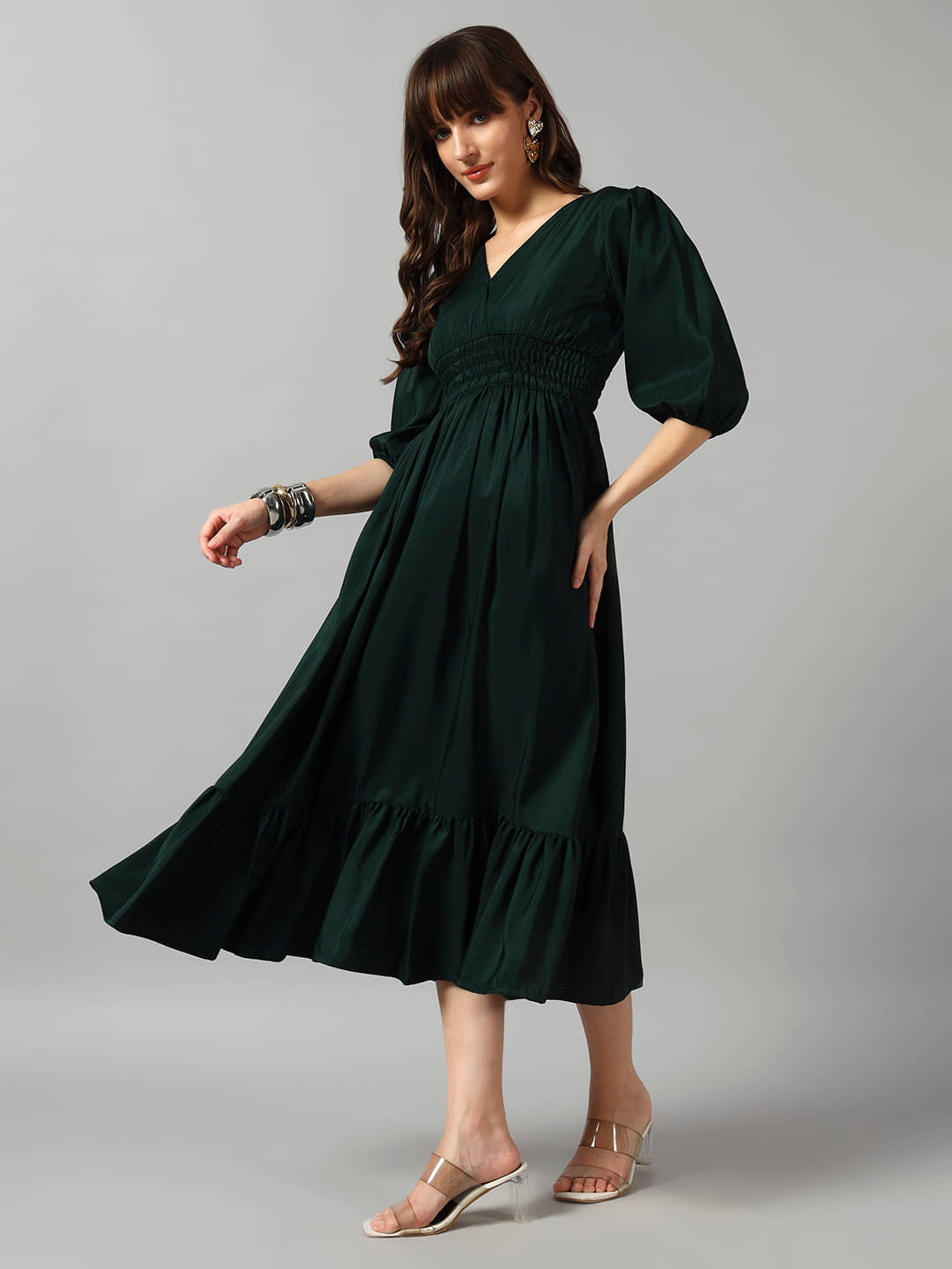     			Raiyani enterprise Women Crepe Solid Fit & Flare Dress ( Green )