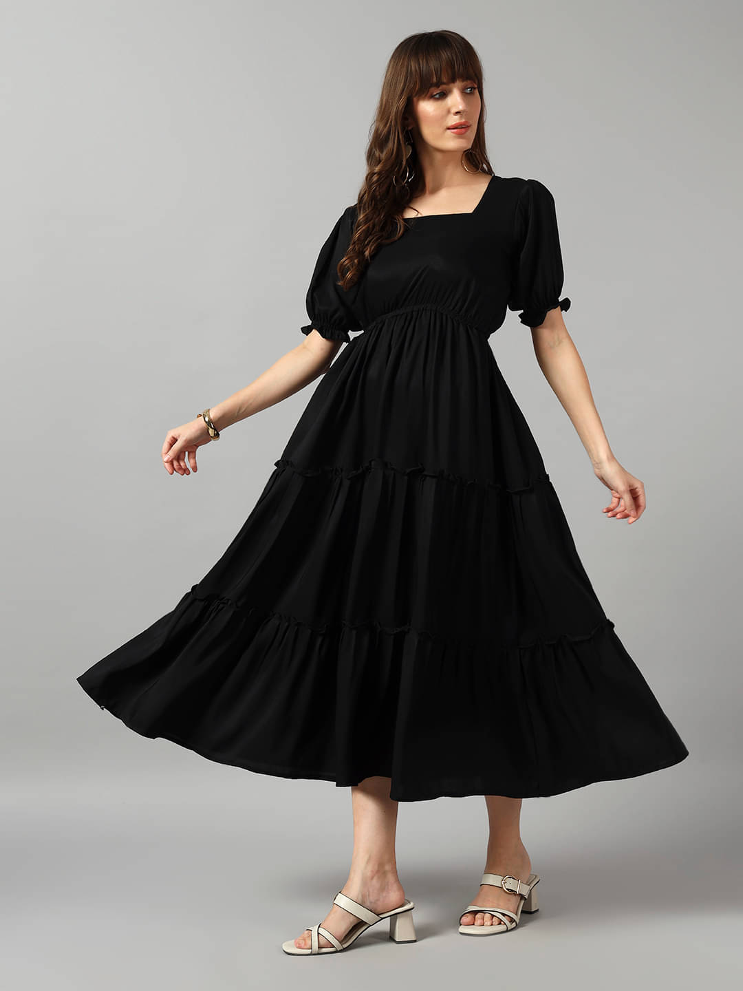     			Raiyani enterprise Women Crepe Solid Fit & Flare Dress ( Black )