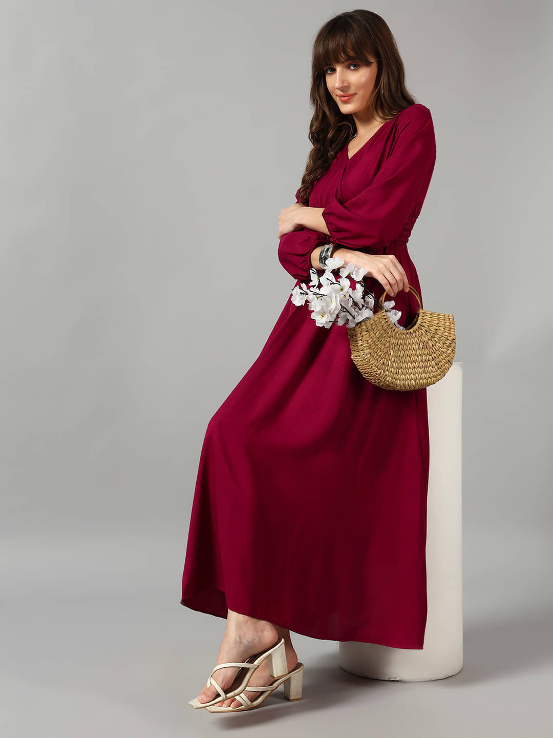 Raiyani enterprise Women Crepe Solid Fit & Flare Dress ( Wine ) Raiyani enterprise Women Crepe Solid Fit & Flare Dress ( Wine )