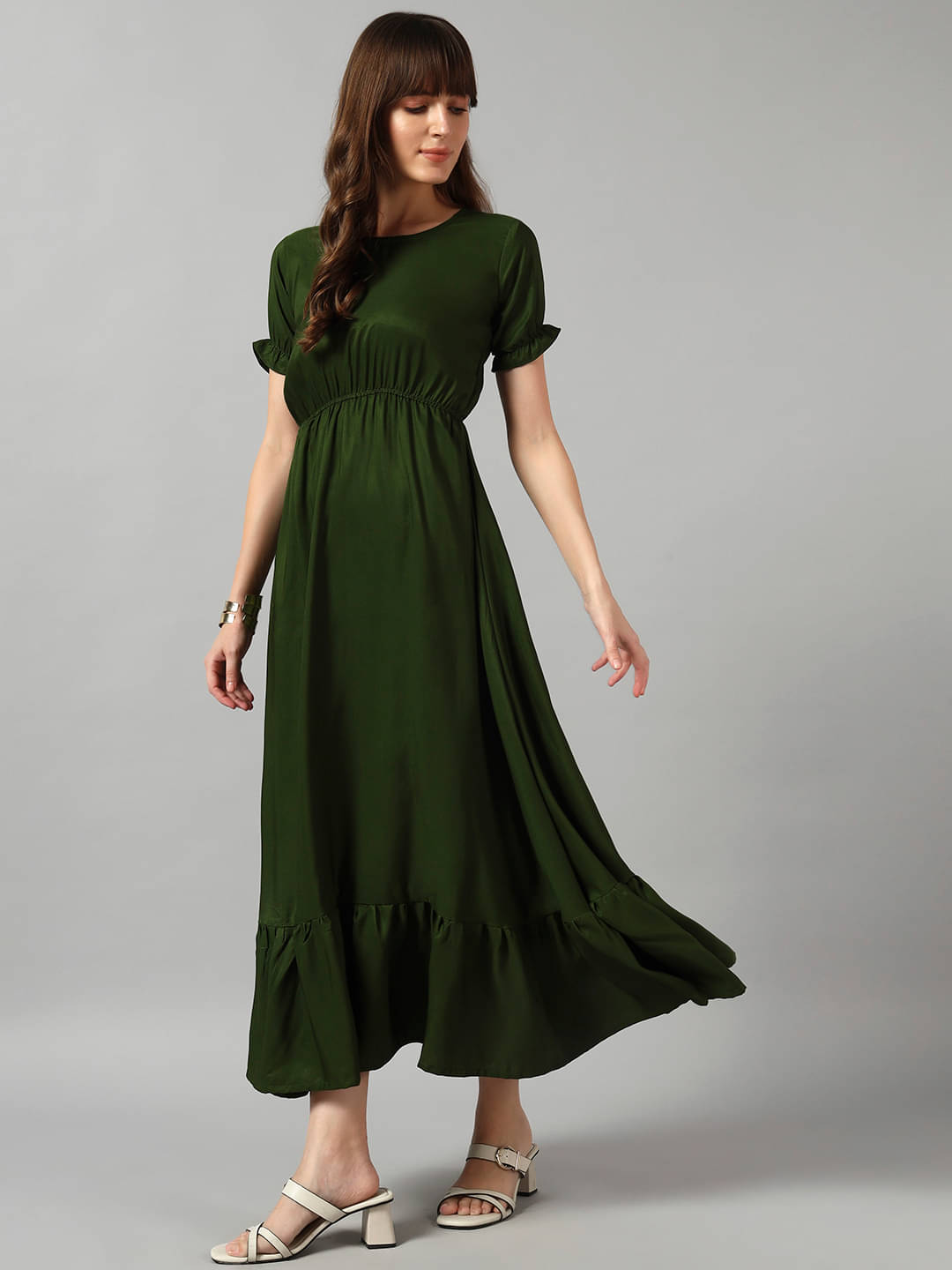 Raiyani enterprise Women Crepe Solid Fit & Flare Dress ( Olive ) Raiyani enterprise Women Crepe Solid Fit & Flare Dress ( Olive )