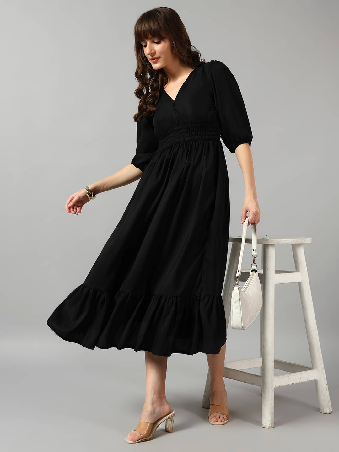     			Raiyani enterprise Women Crepe Solid Fit & Flare Dress ( Black )