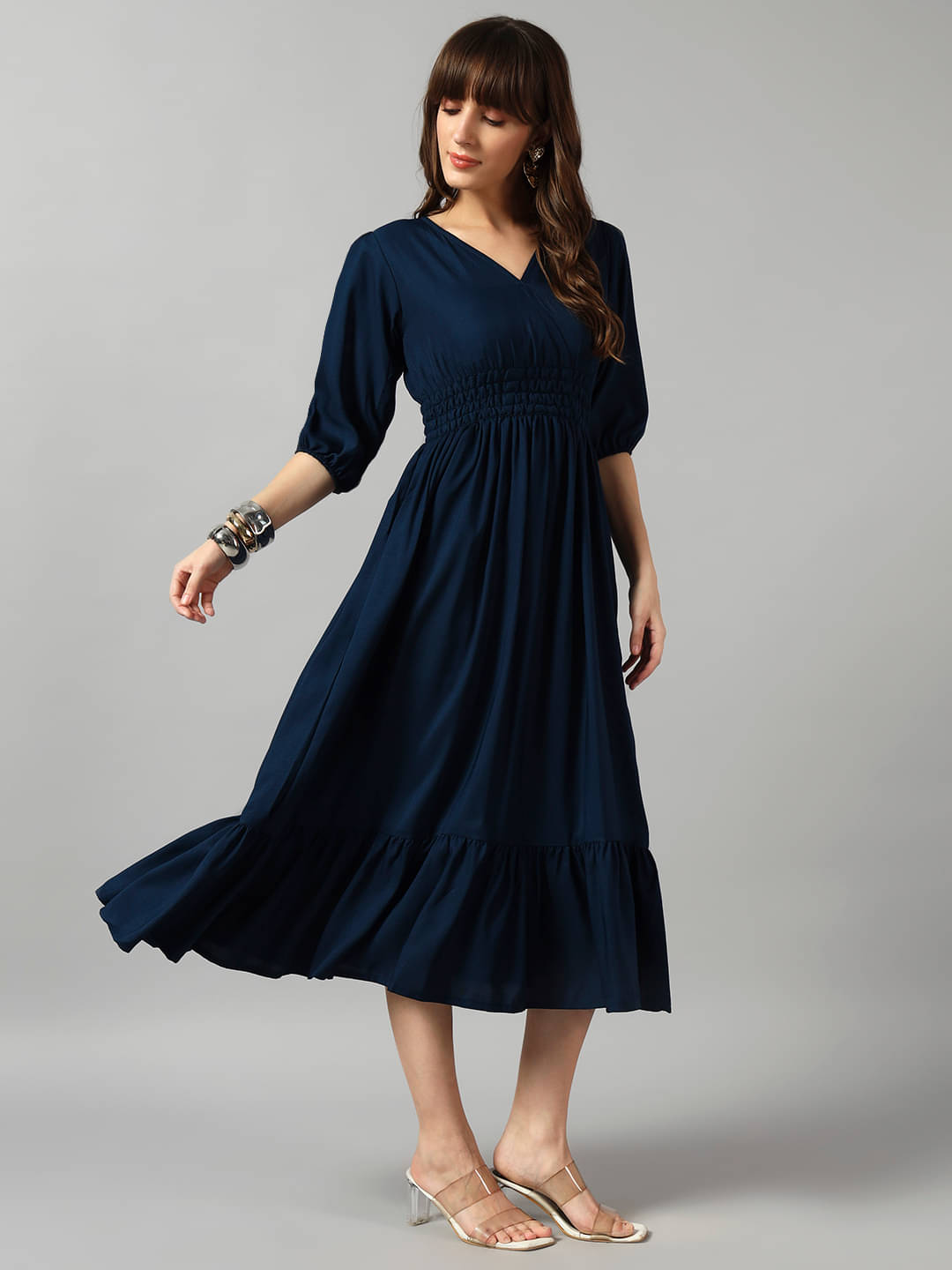     			Raiyani enterprise Women Crepe Solid Fit & Flare Dress ( Blue )