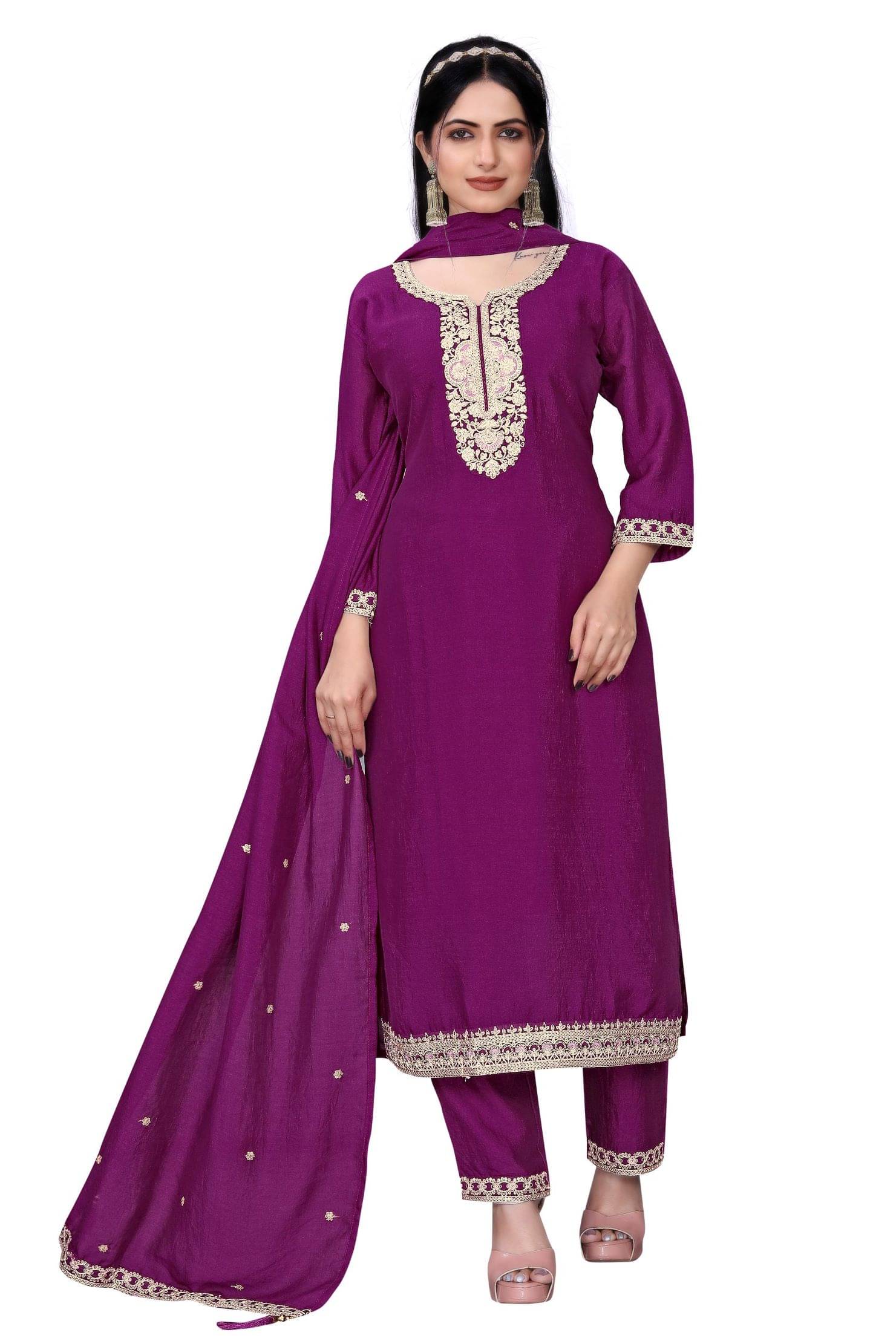 TUHIRAJ Women Georgette Embroidered A-Line Kurti With Pants ( Wine )     			TUHIRAJ Women Georgette Embroidered A-Line Kurti With Pants ( Wine )