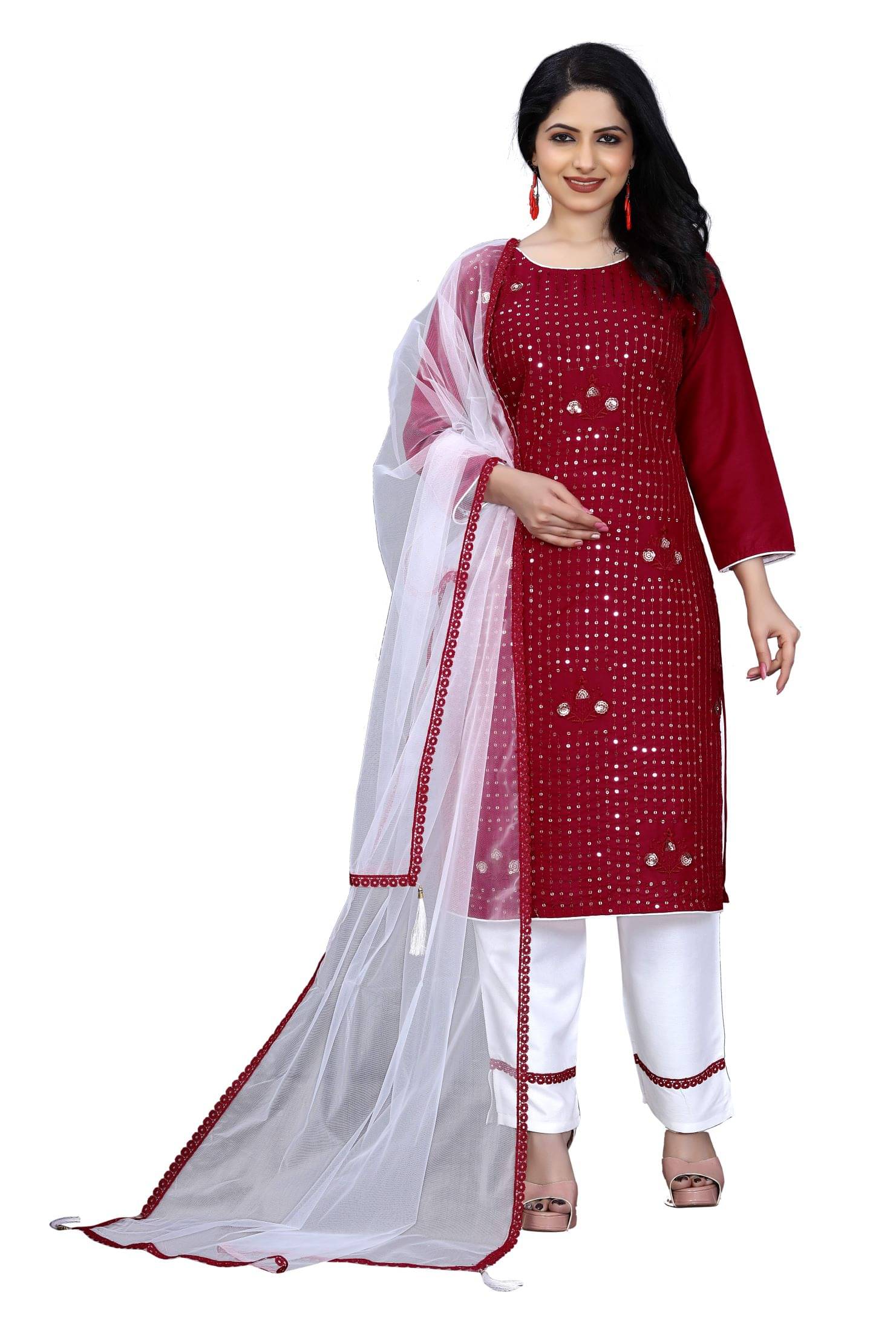     			TUHIRAJ Women Rayon Embroidered A-Line Kurti With Pants ( Maroon )