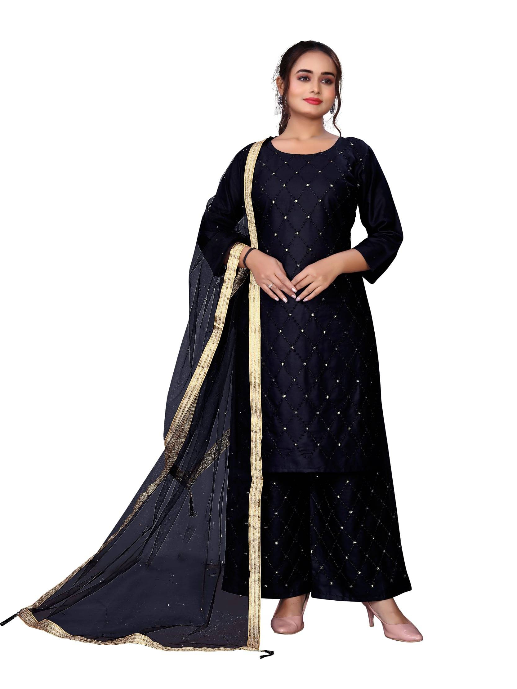     			TUHIRAJ Women Rayon Embroidered A-Line Kurti With Palazzo ( Black )
