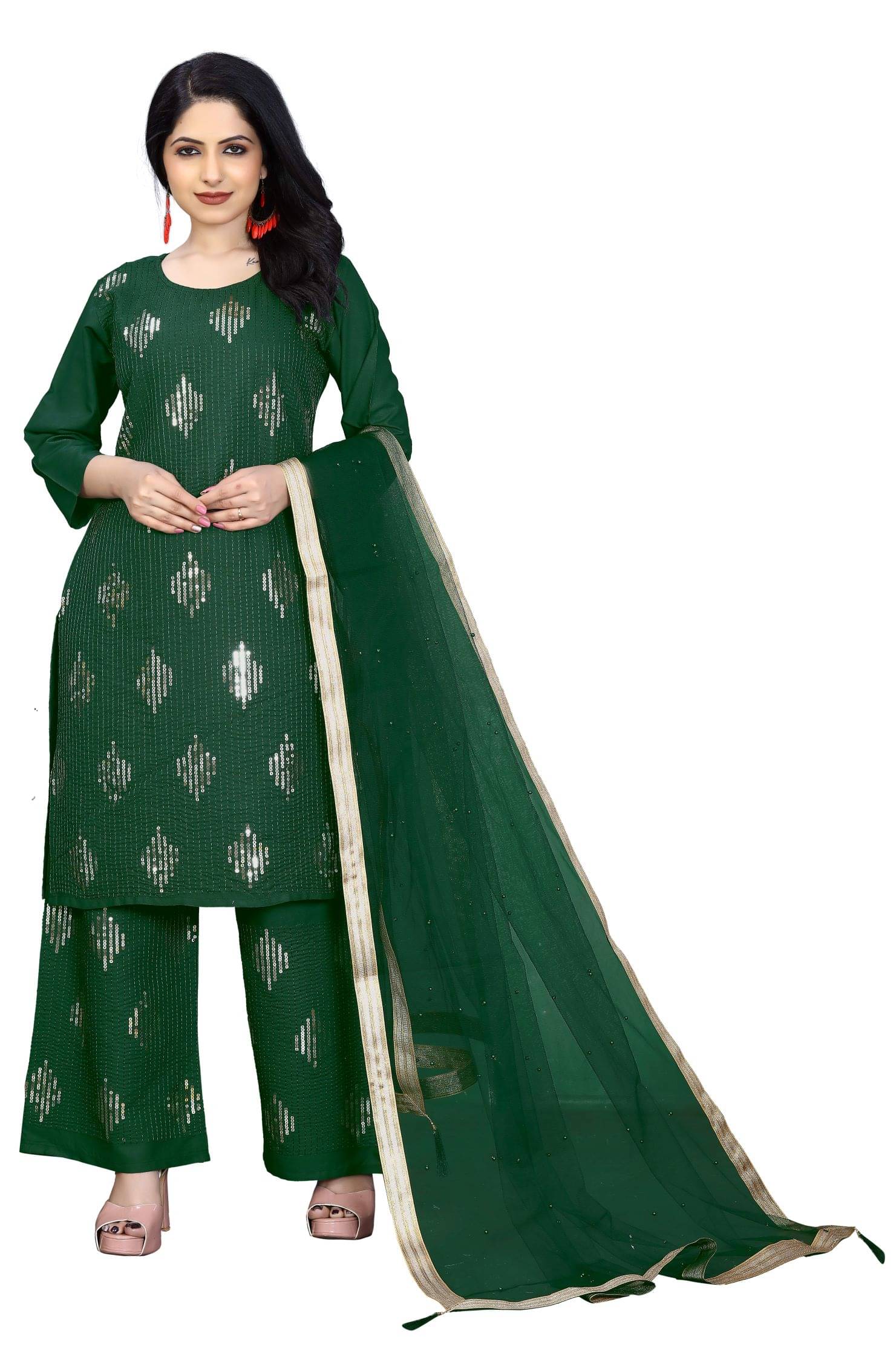     			TUHIRAJ Women Rayon Embroidered A-Line Kurti With Palazzo ( Green )