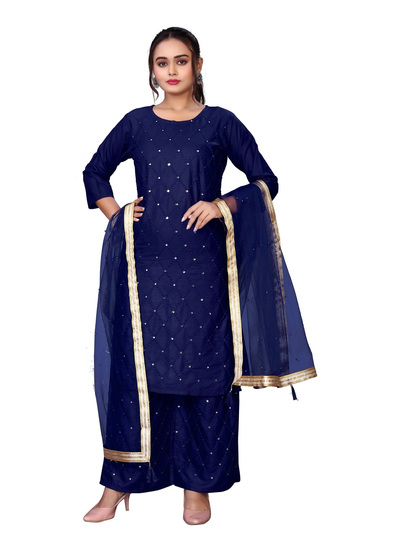     			TUHIRAJ Women Rayon Embroidered A-Line Kurti With Palazzo ( Navy Blue )