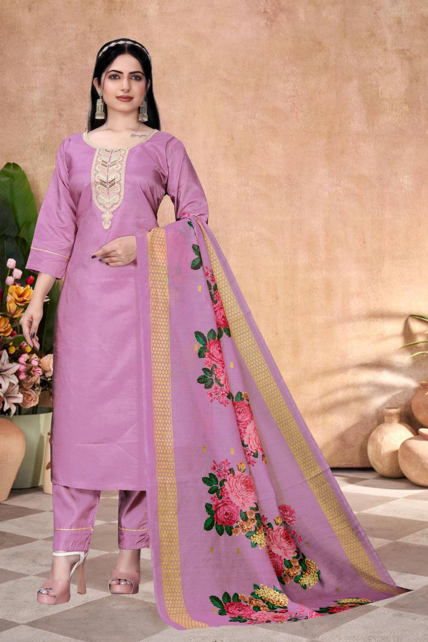     			TUHIRAJ Women Silk Blend Embroidered A-Line Kurti With Pants ( Lavender )