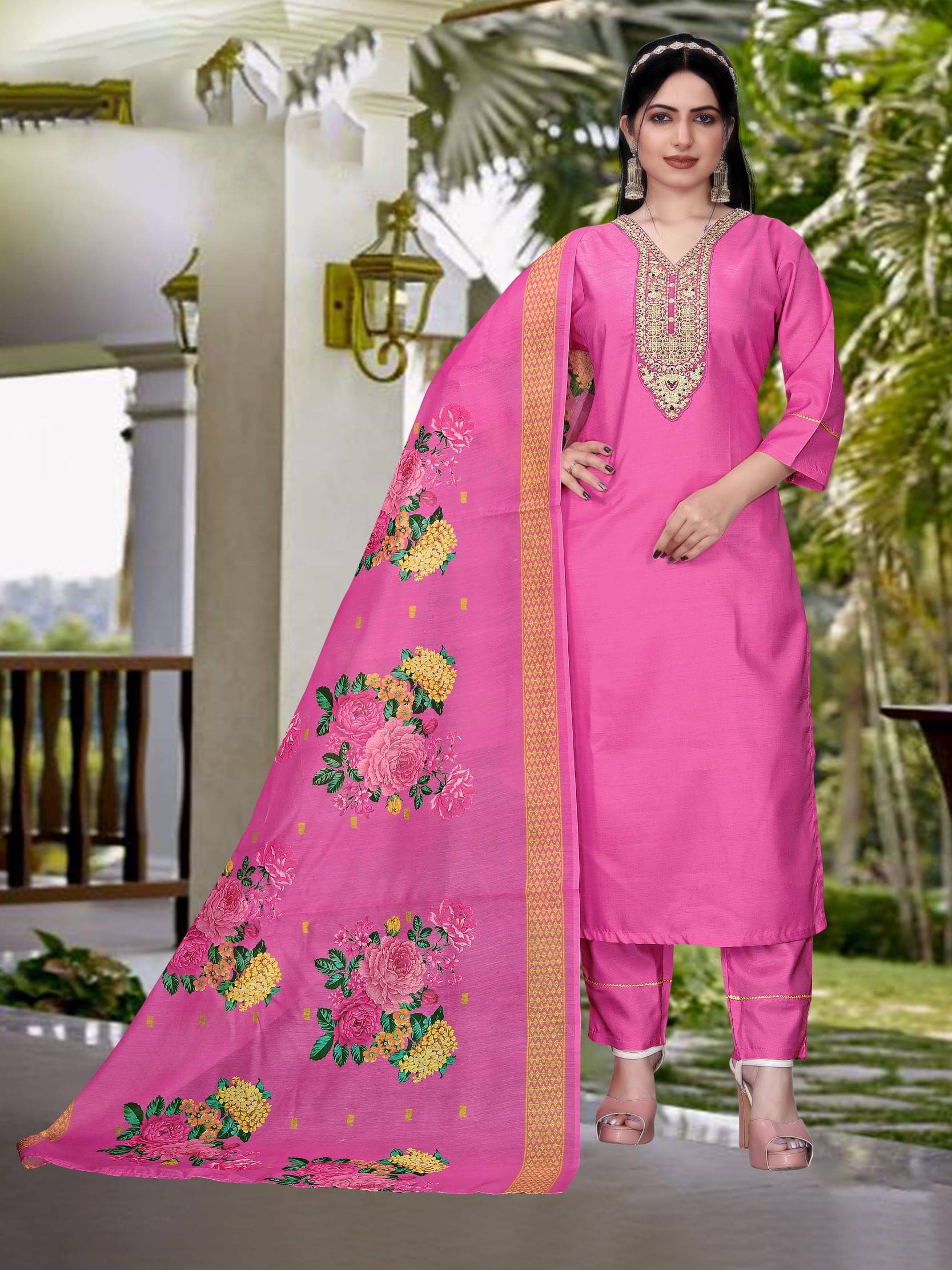    			TUHIRAJ Women Silk Blend Embroidered A-Line Kurti With Pants ( Pink )