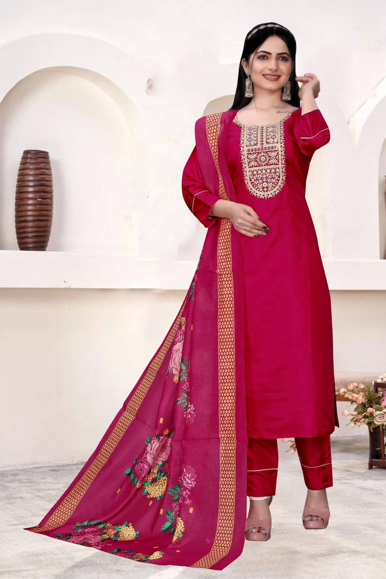     			TUHIRAJ Women Silk Blend Embroidered A-Line Kurti With Pants ( Maroon )