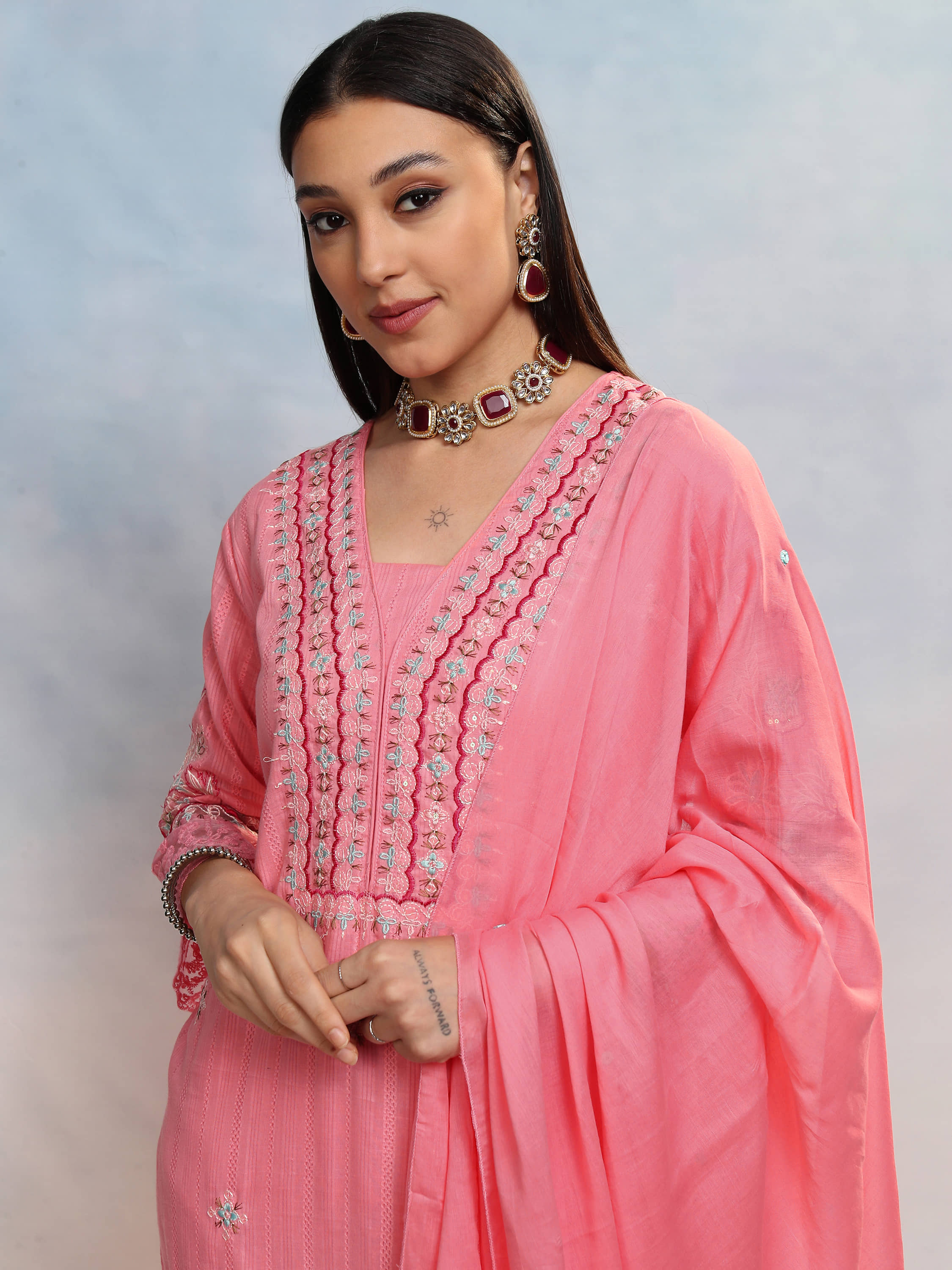 Vishudh Women Cotton Embroidered Straight Kurti With Pants ( Pink )