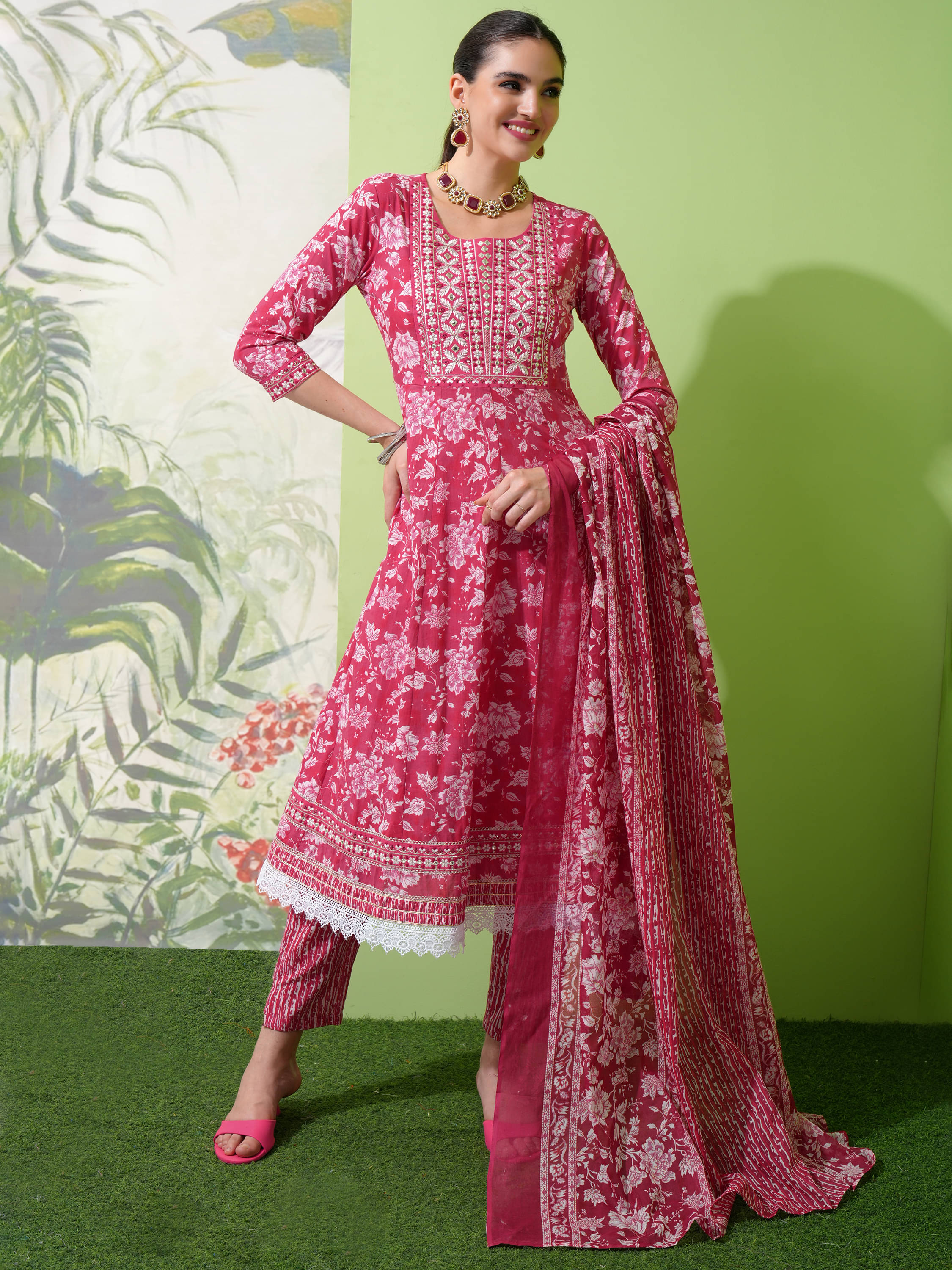 Vishudh Women Cotton Printed Anarkali Kurti With Pants ( Pink ) Vishudh Women Cotton Printed Anarkali Kurti With Pants ( Pink )