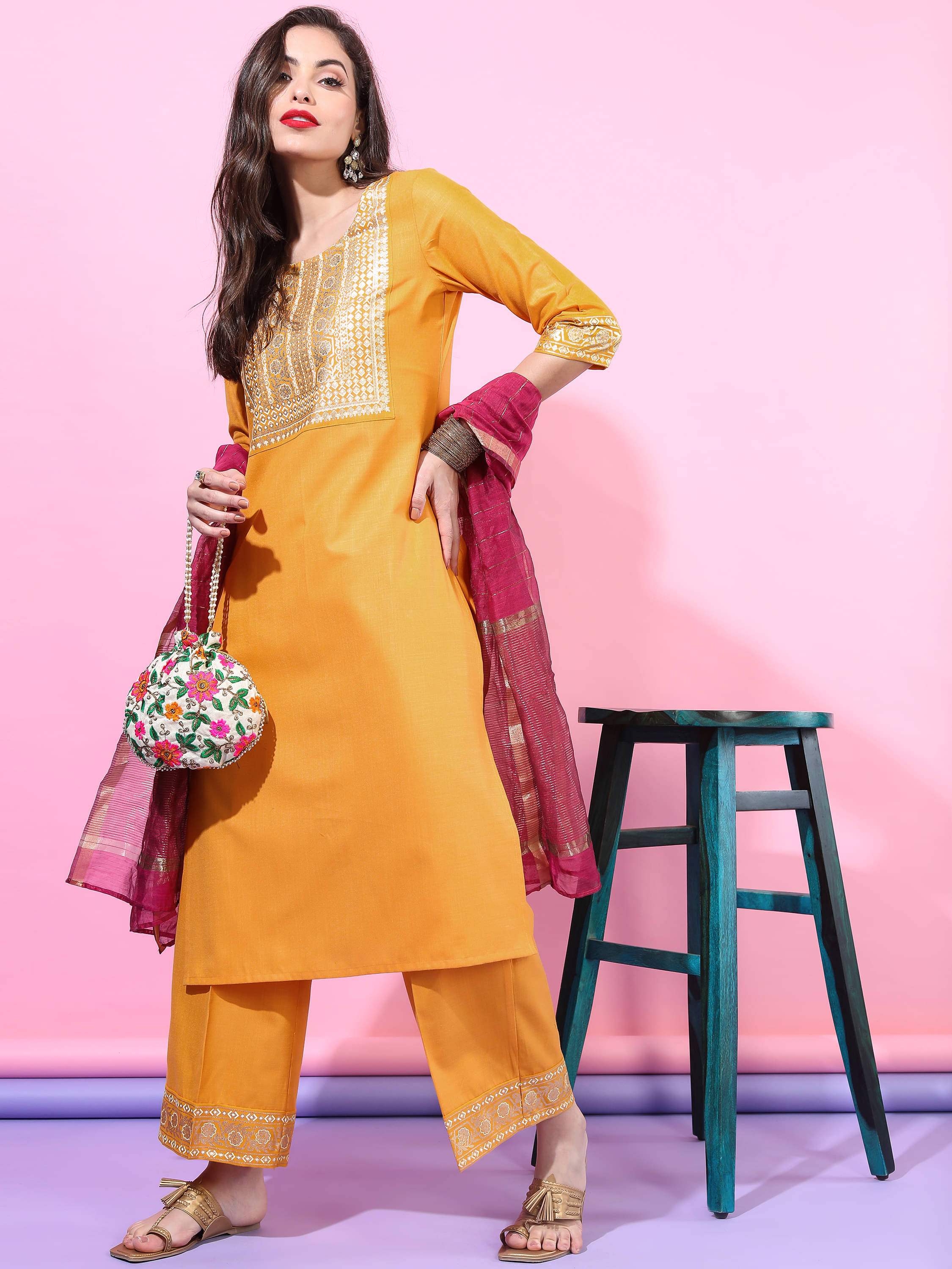     			Vishudh Women Polyester Embroidered Straight Kurti With Palazzo ( Yellow )