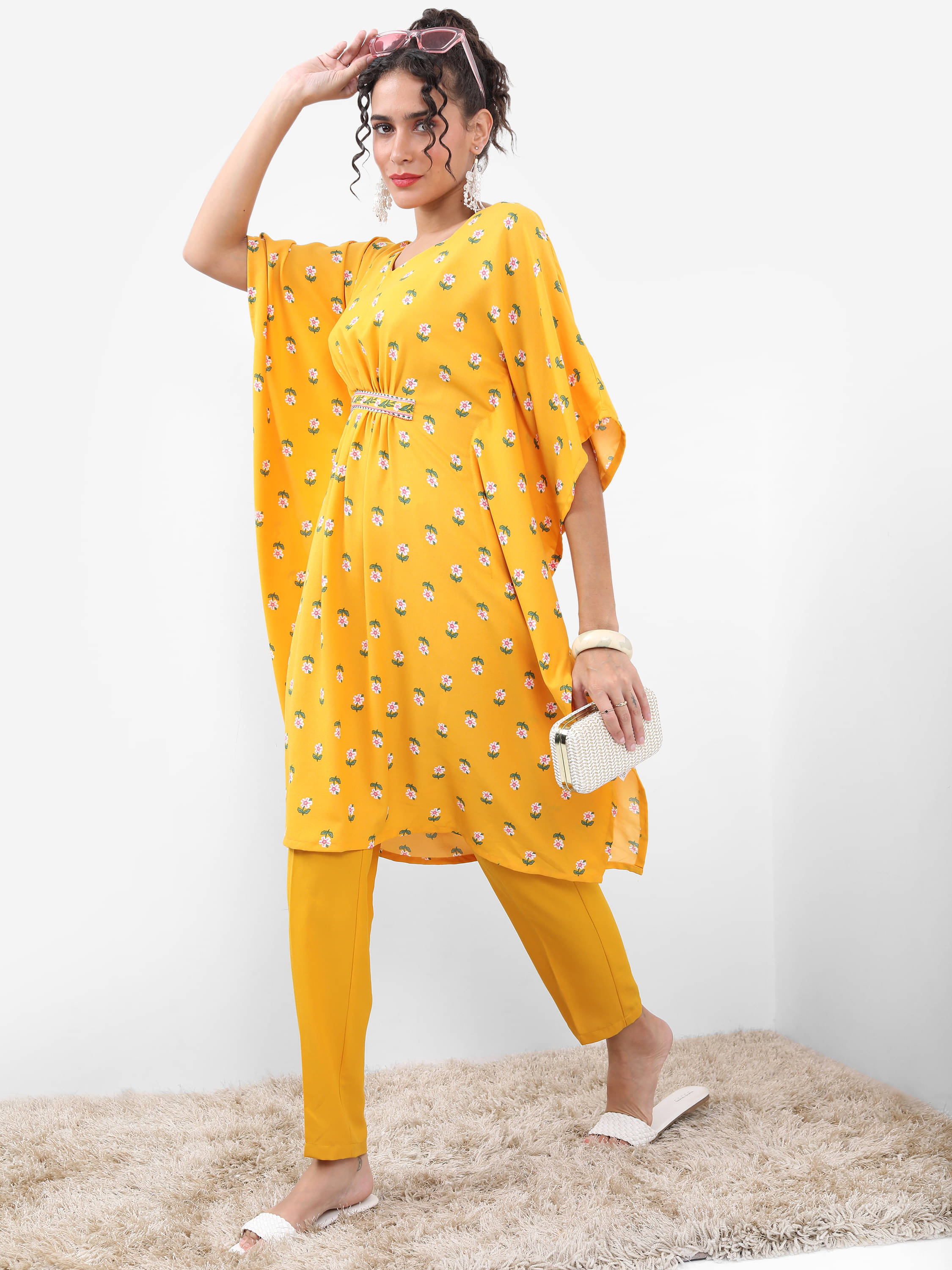     			Vishudh Women Polyester Printed Straight Kurti With Dhoti Pants ( Yellow )