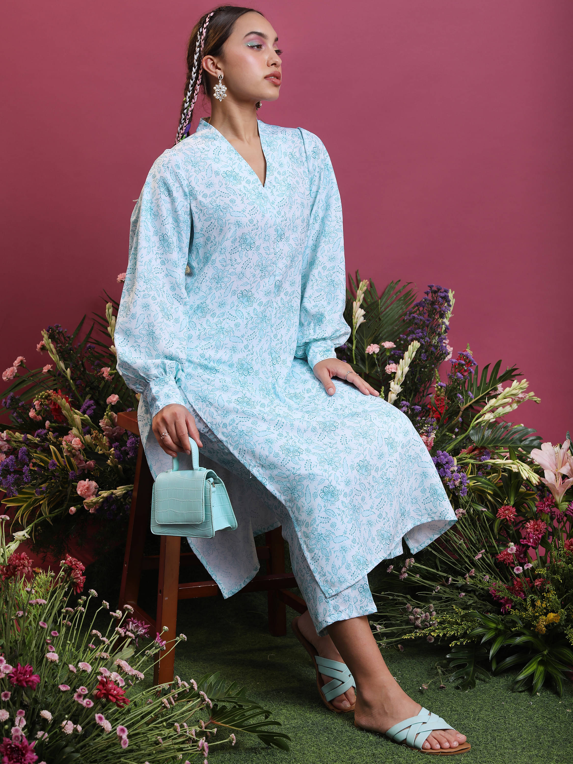     			Vishudh Women Polyester Printed Straight Kurti With Palazzo ( Blue )