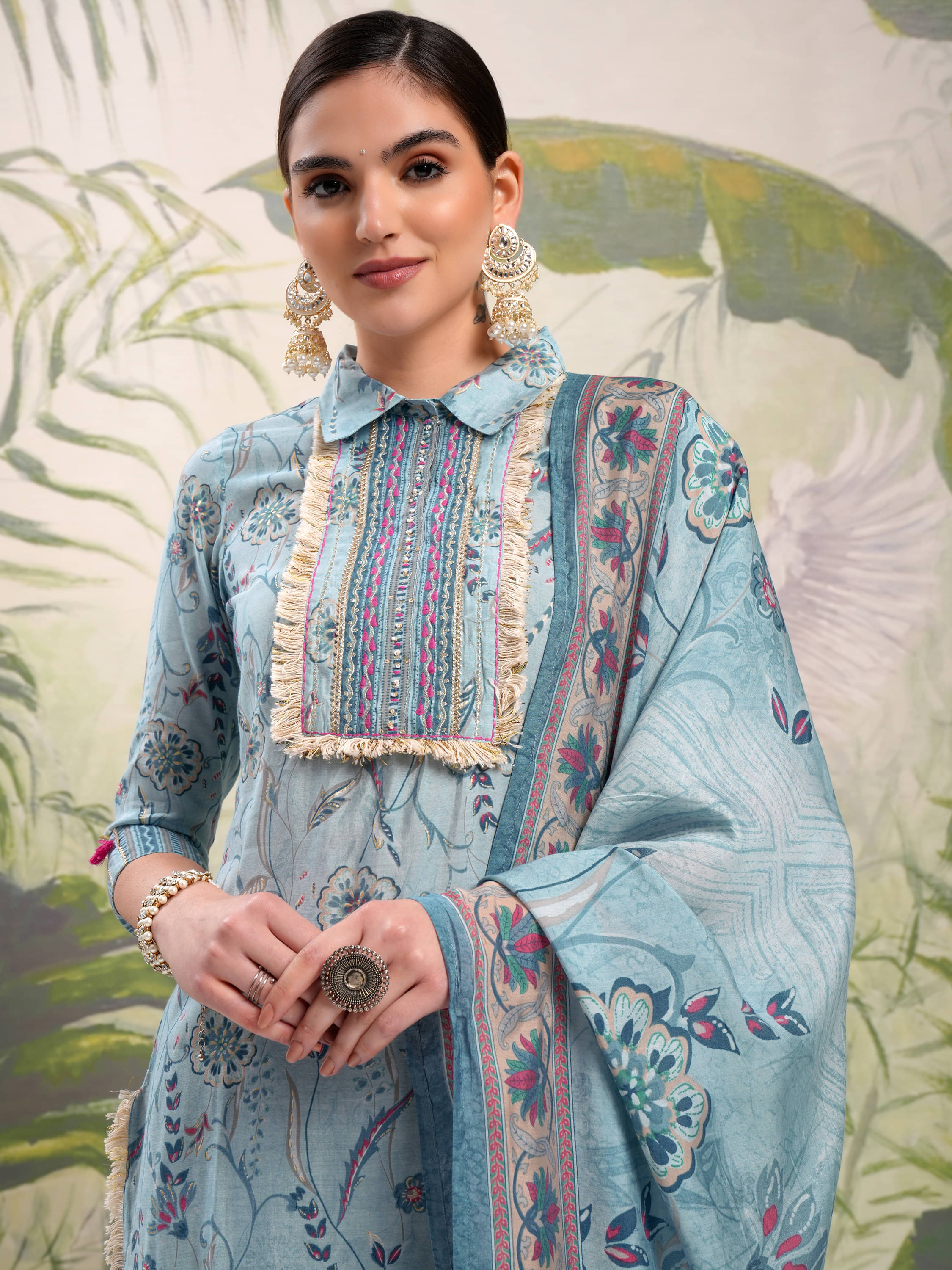     			Vishudh Women Polyester Printed Straight Kurti With Pants ( Blue )