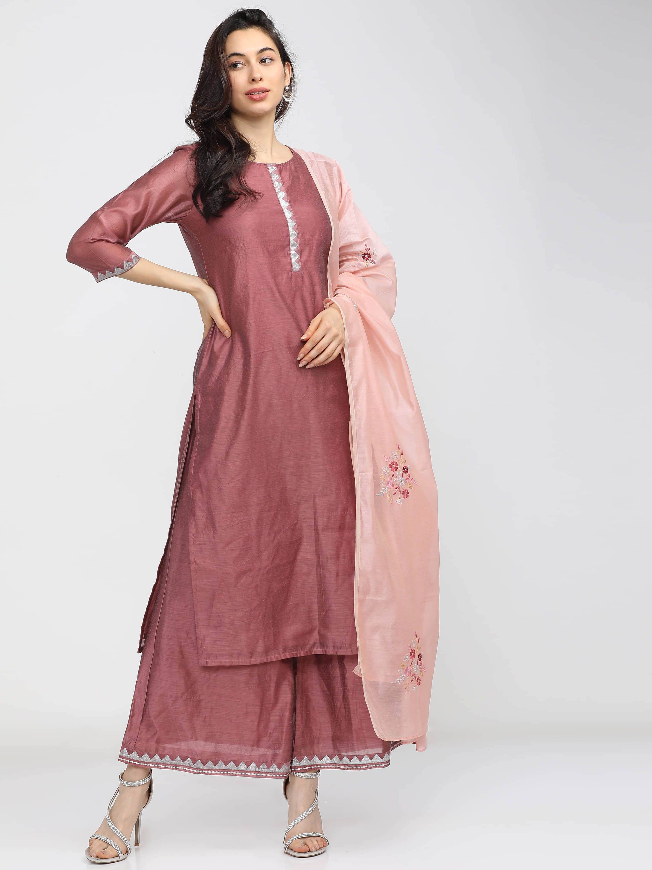 Vishudh Women Polyester Solid Straight Kurti With Palazzo ( Pink )     			Vishudh Women Polyester Solid Straight Kurti With Palazzo ( Pink )