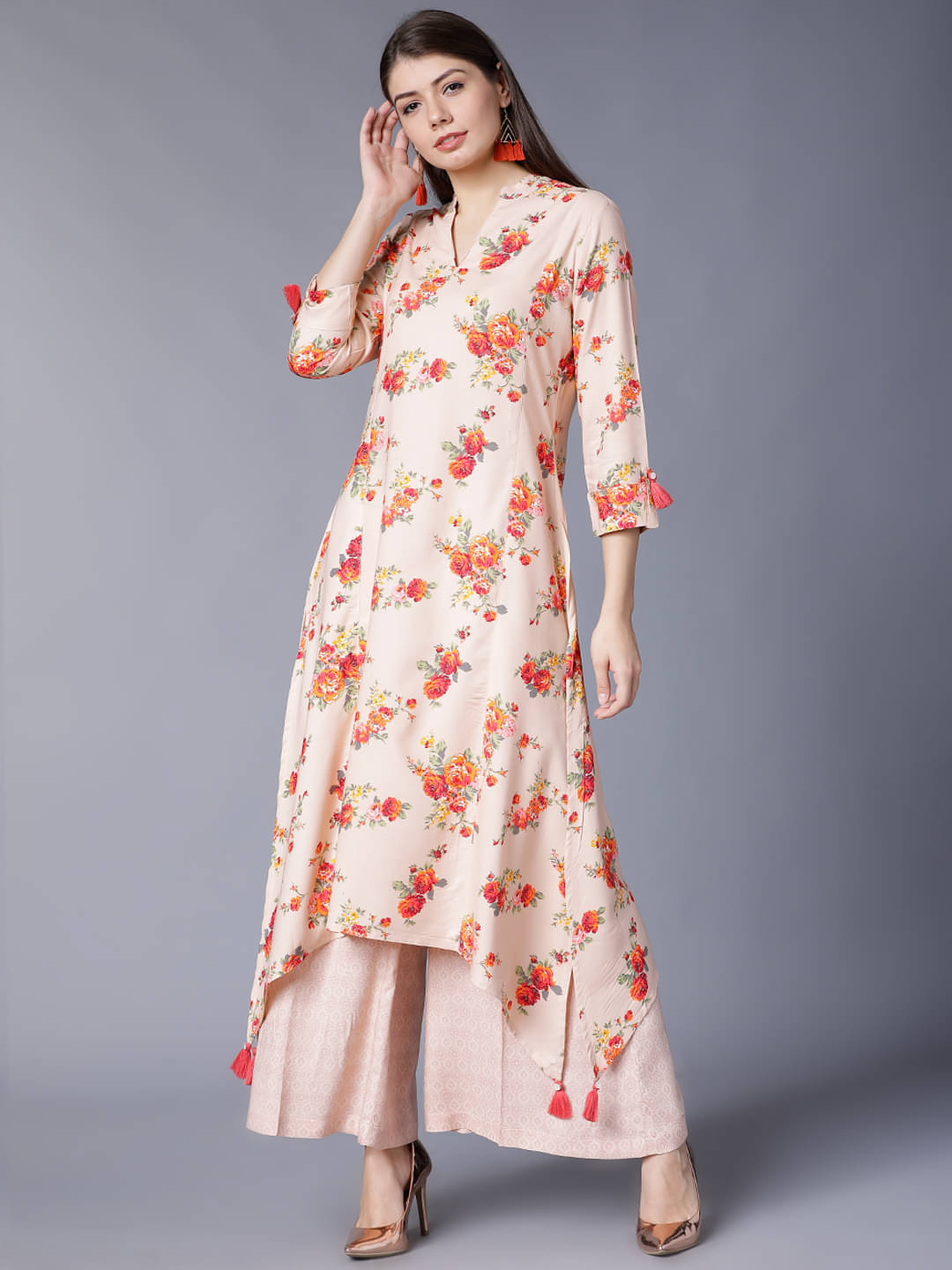     			Vishudh Women Rayon Embroidered A-line Kurti With Palazzo ( Peach )