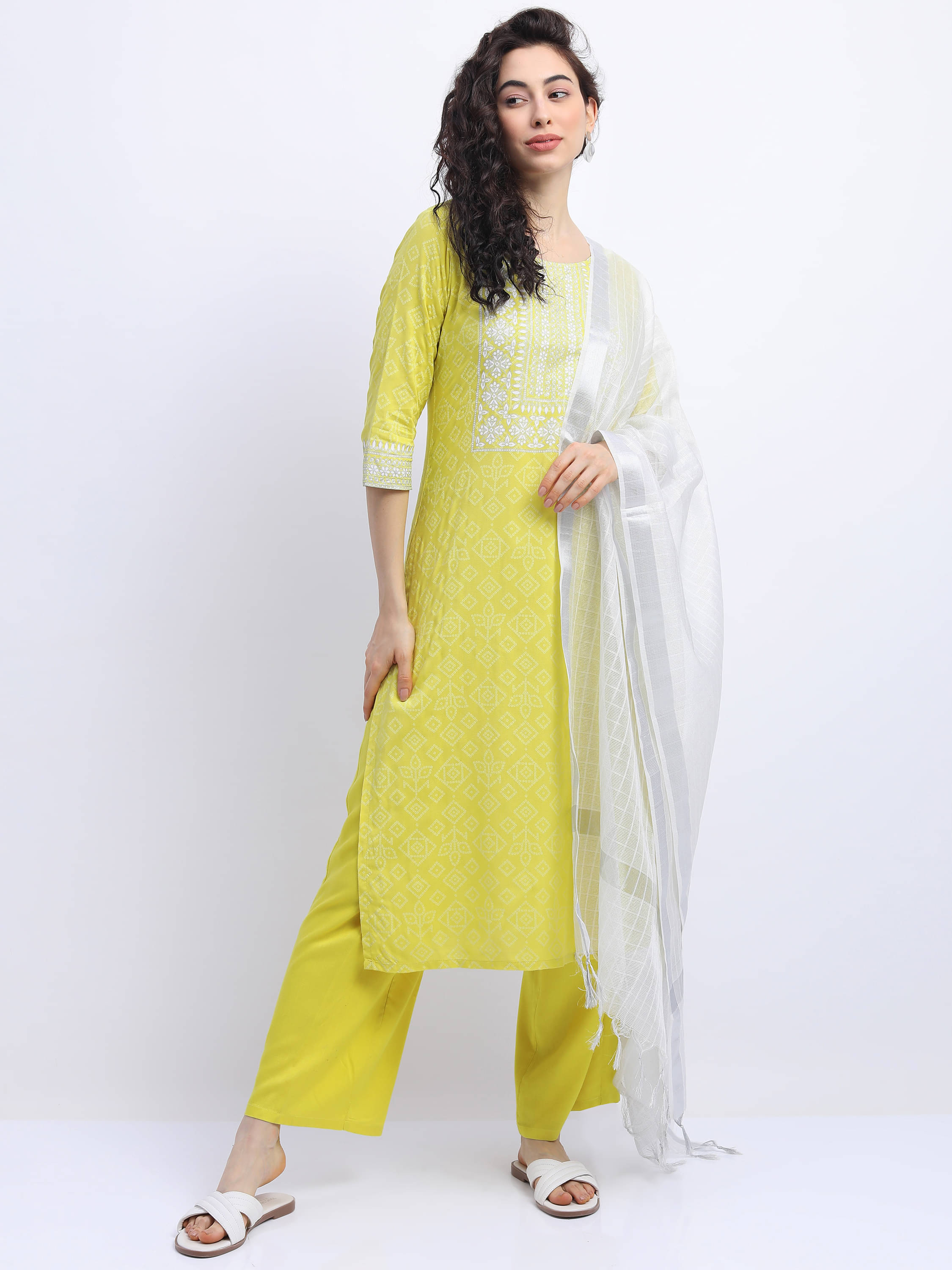     			Vishudh Women Viscose Printed Straight Kurti With Palazzo ( Yellow )