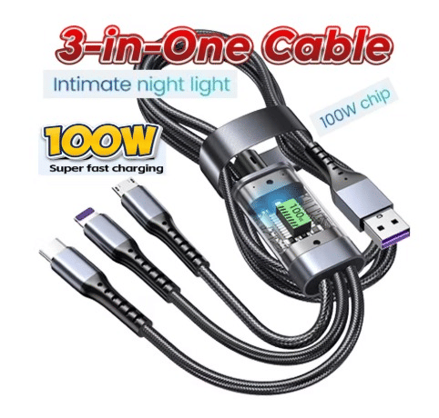     			100w 3-in-1 LED Display 3A Fast Charging Cable Usb Type C Micro Charger Cable Braided Cable