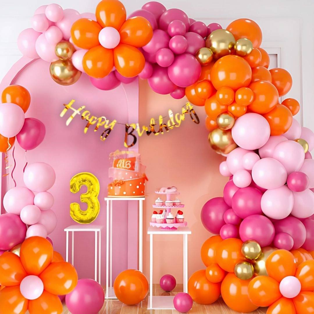 115pcs 3Year Birthday Flower Balloon & Banner Kit Pink Orange Gold     			115pcs 3Year Birthday Flower Balloon & Banner Kit Pink Orange Gold