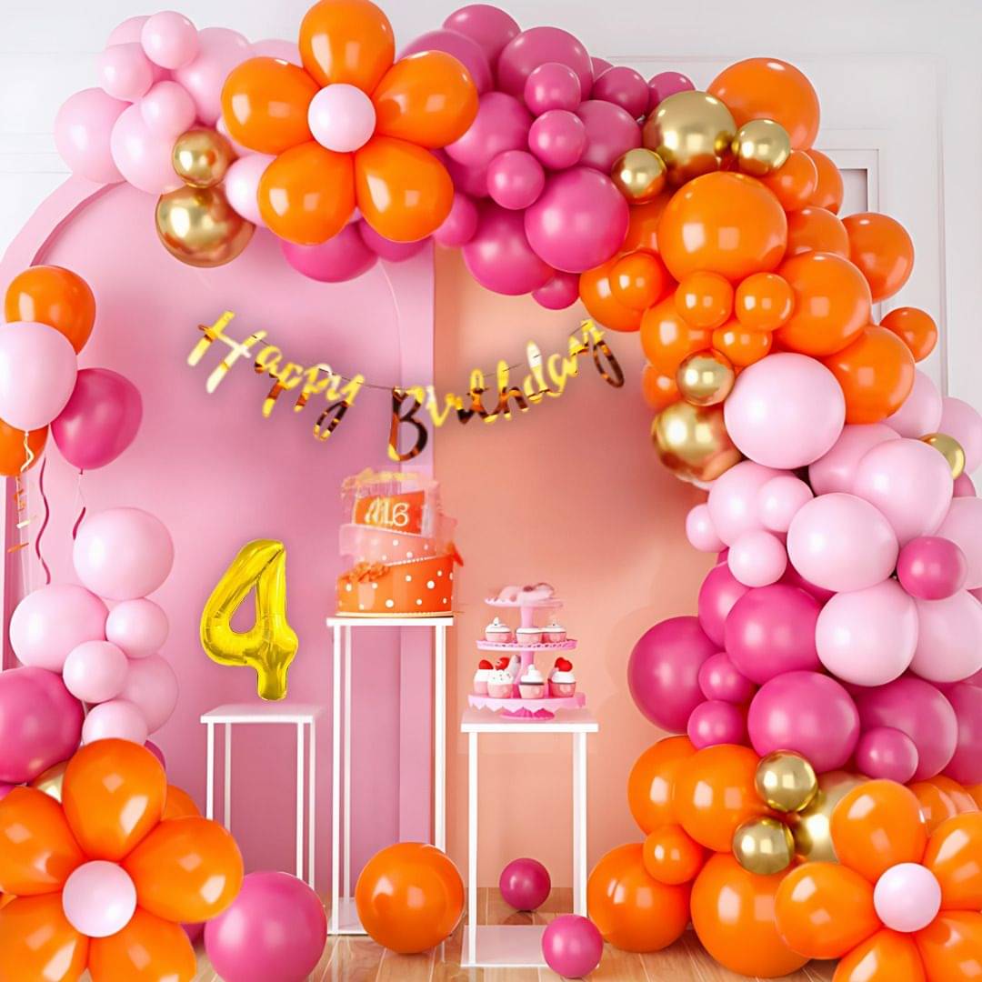 115pcs 4Year Birthday Flower Balloon & Banner Kit Pink Orange Gold     			115pcs 4Year Birthday Flower Balloon & Banner Kit Pink Orange Gold