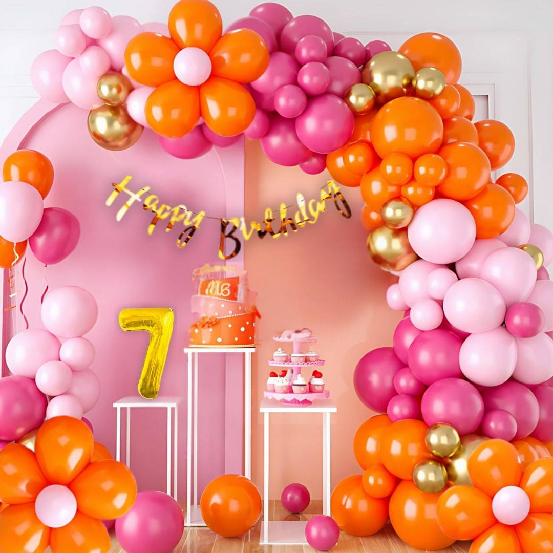 115pcs 7Year Birthday Flower Balloon & Banner Kit Pink Orange Gold     			115pcs 7Year Birthday Flower Balloon & Banner Kit Pink Orange Gold