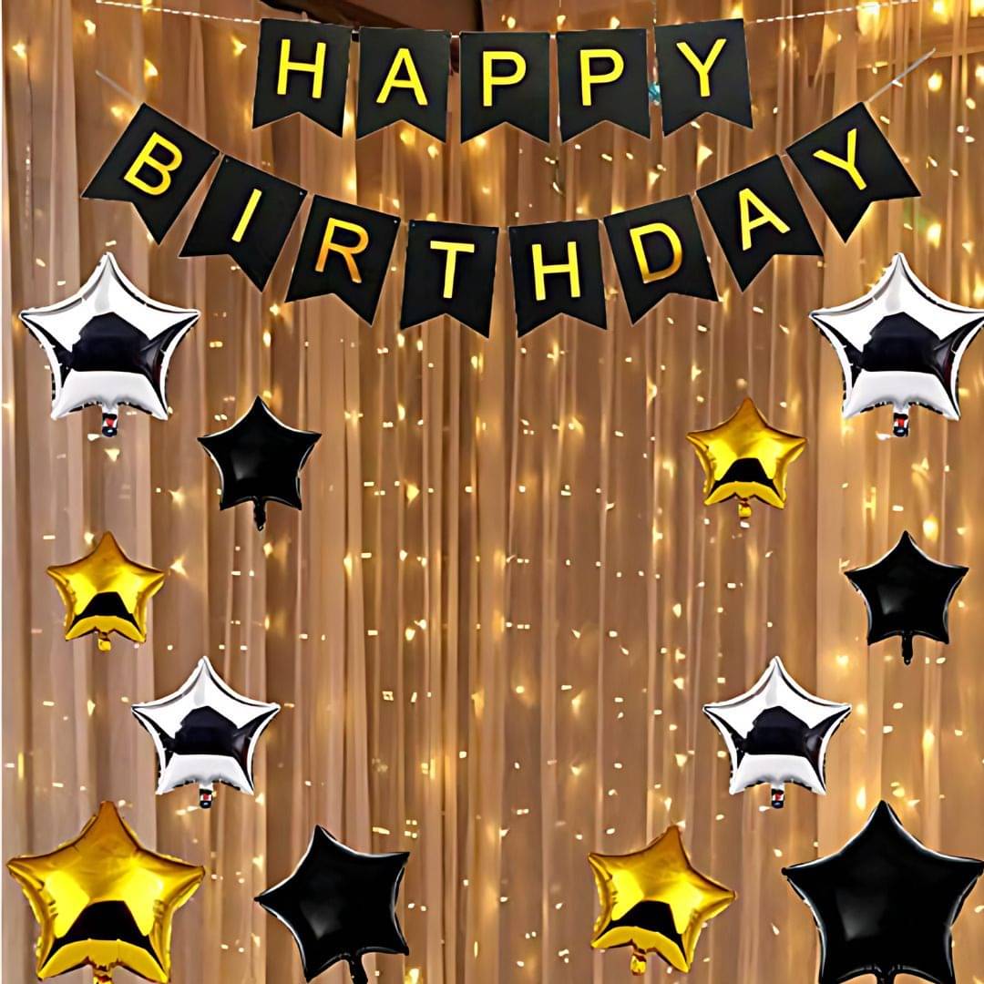 15pcs Happy Birthday Decoration | White Net Curtain with Led Light | Foil Star 15pcs Happy Birthday Decoration | White Net Curtain with Led Light | Foil Star
