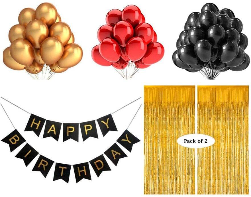 33Pcs Black Golden Red Balloons with Banner & Foil Curtain Decor Kit     			33Pcs Black Golden Red Balloons with Banner & Foil Curtain Decor Kit