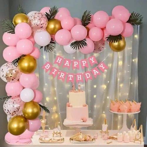     			40pcs Birthday Kit with Banner, Net Curtain, LED & Pink, White, Golden Balloons