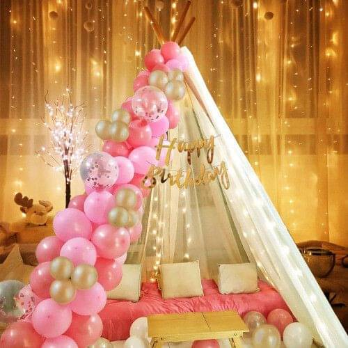     			43pcs Happy Birthday Decor Banner with Net Curtain, LED Light & Pink, Gold