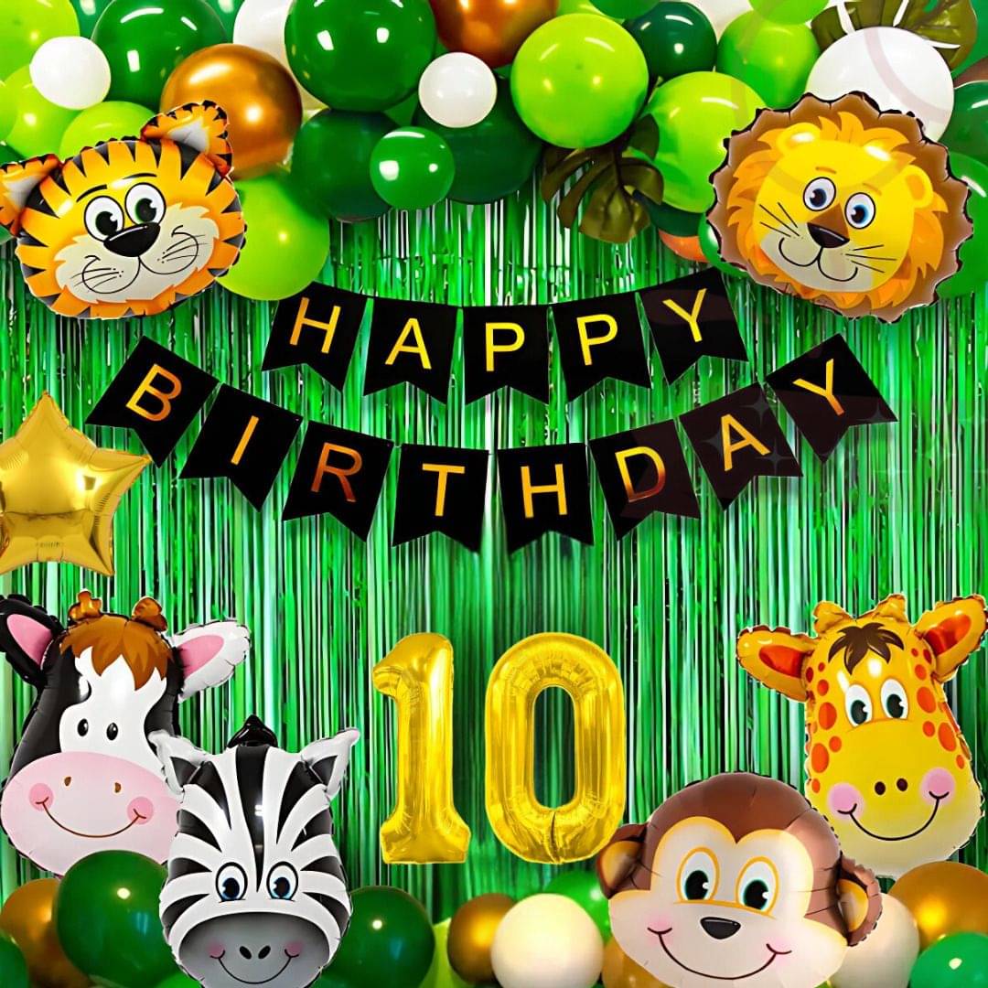    			53Pcs 10Years Jungle Theme Birthday Decoration Set with Animal Balloons