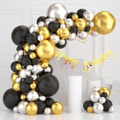 54pcs Happy Birthday Decoration Banner with Black, Silver & Gold Chrome Balloons     			54pcs Happy Birthday Decoration Banner with Black, Silver & Gold Chrome Balloons