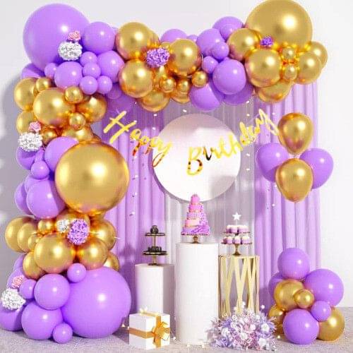     			59pcs Birthday Decor Kit with Banner, Golden Chrome & Dark Purple Balloons