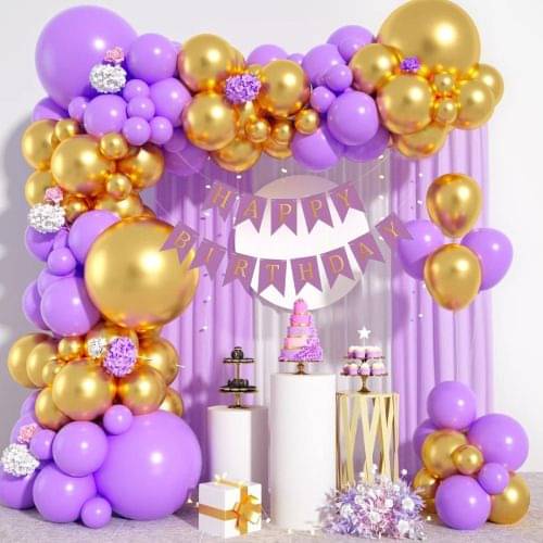59pcs Birthday Decor with Banner, Pump & Golden Chrome, Dark Purple Balloons     			59pcs Birthday Decor with Banner, Pump & Golden Chrome, Dark Purple Balloons