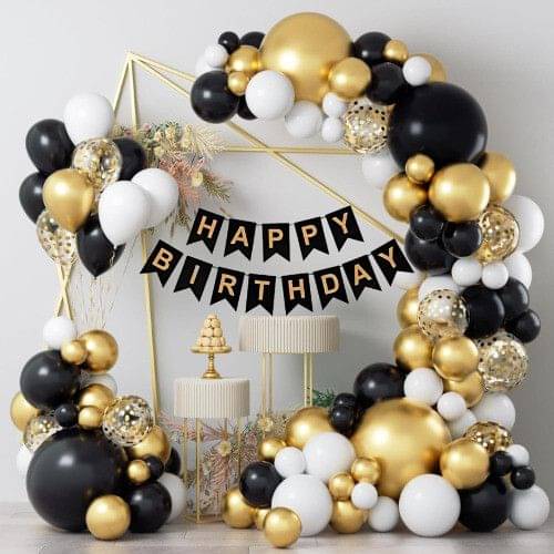 59pcs Happy Birthday Decor Banner with Golden Confetti & Black, White Balloons     			59pcs Happy Birthday Decor Banner with Golden Confetti & Black, White Balloons