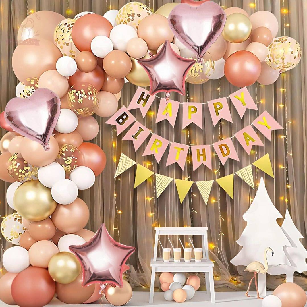 60pcs Rose Gold Birthday Combo | Banner | Balloons | Lights Set 60pcs Rose Gold Birthday Combo | Banner | Balloons | Lights Set