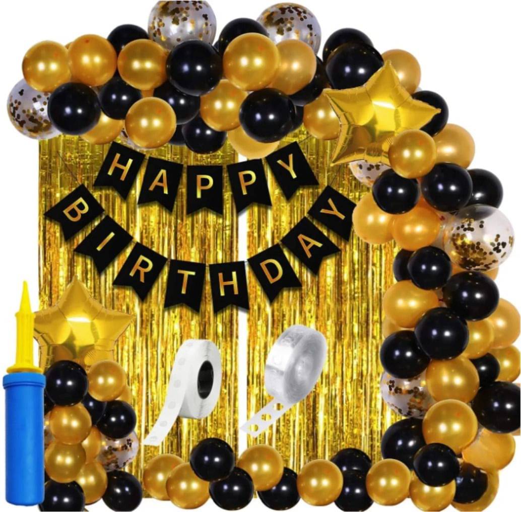 61Pcs Black Gold Birthday Decoration Kit with Stars & Curtains 61Pcs Black Gold Birthday Decoration Kit with Stars & Curtains