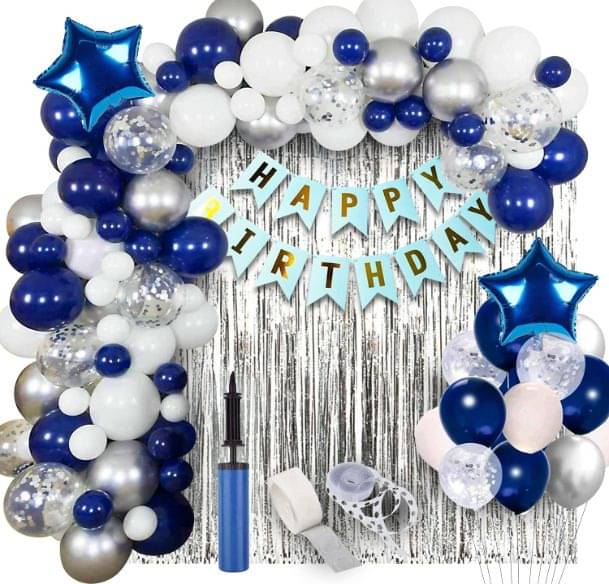 62Pcs Blue Silver White Birthday Decoration Kit with Pump 62Pcs Blue Silver White Birthday Decoration Kit with Pump