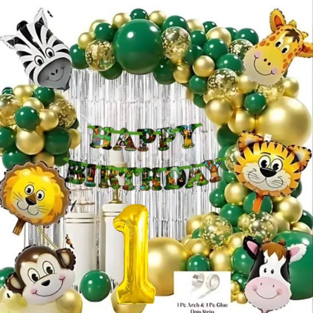 62pcs 1Year Jungle Theme Birthday Kit with Banner, Foil, Confetti & Balloons 62pcs 1Year Jungle Theme Birthday Kit with Banner, Foil, Confetti & Balloons